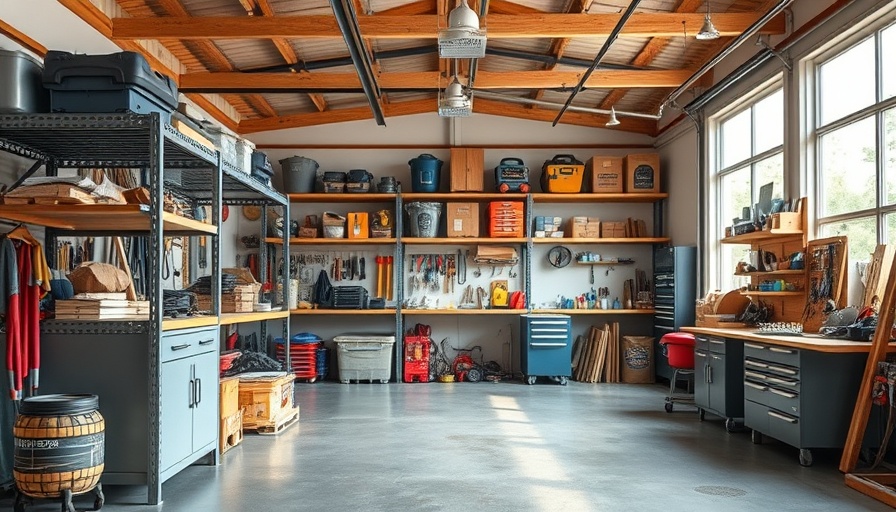 Steel wood storage shelves in a bright, organized garage in Akron.