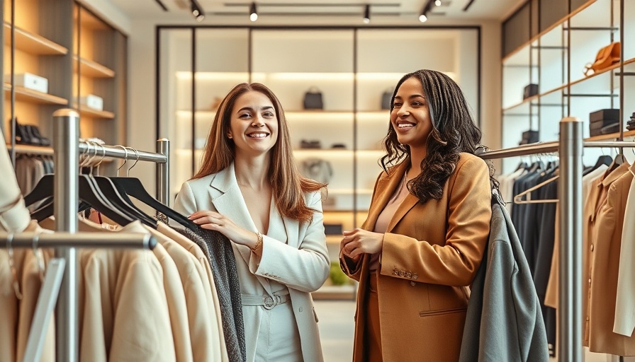 Women organizing clothes on adjustable clothing racks in a boutique.