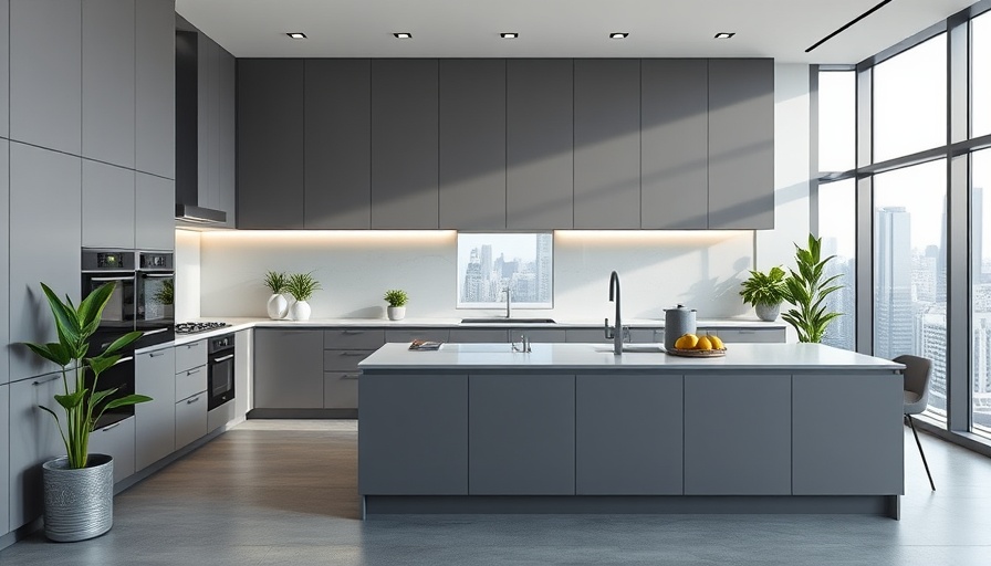 Stylish grey modular kitchen design with plants and large windows.