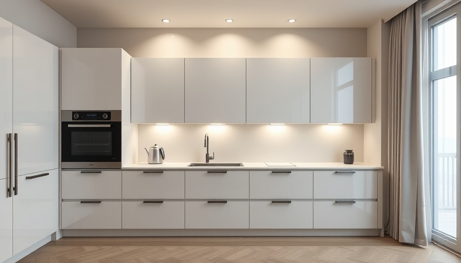 Modern modular kitchen with white and gray design highlighting different sizes.