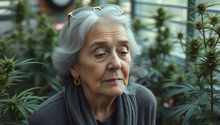 Older woman inhaling smoke among marijuana plants, serene expression.