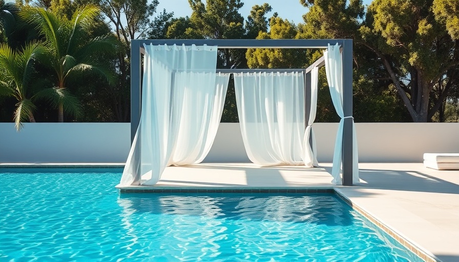 Elegant outdoor DIY pool cabana by a blue pool.