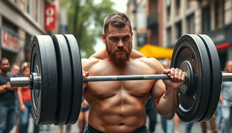 Strongman lifting weights in competition surrounded by spectators.