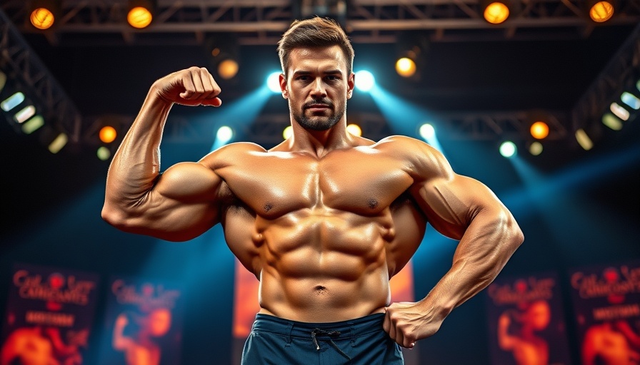 2025 China DMS Pro Ningjin Bodybuilding Show features a muscular male bodybuilder posing on stage.