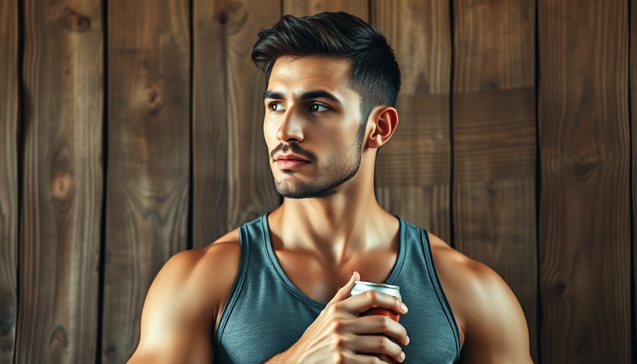 Athletic man sitting thoughtfully with a can, warm wooden background.
