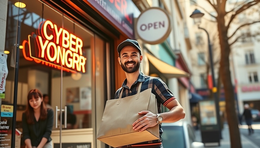Local yogurt shop owner holding a delivery bag outside open store.
