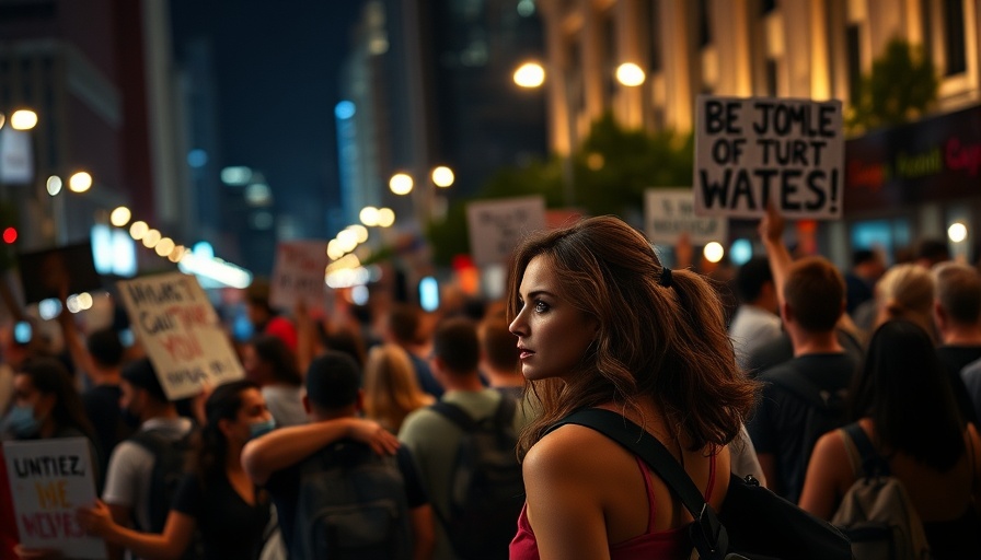 Riverside protest at night, diverse crowd holding signs.
