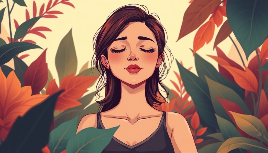 Illustrated woman meditating with hands on chest, vibrant foliage background, Trauma in Our Tissues.