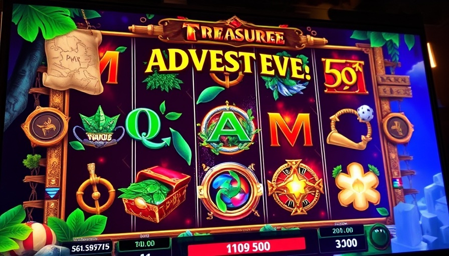 Adventure-themed slot game interface on digital screen.