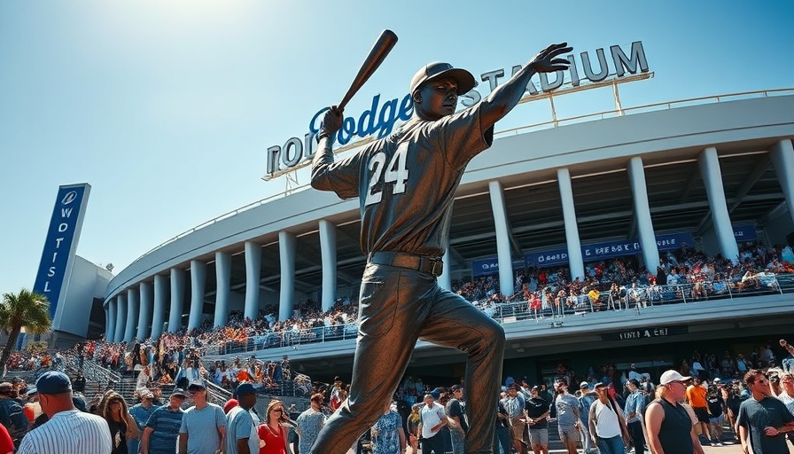 Bronze baseball player statue at Dodger Stadium entrance with vibrant crowd.