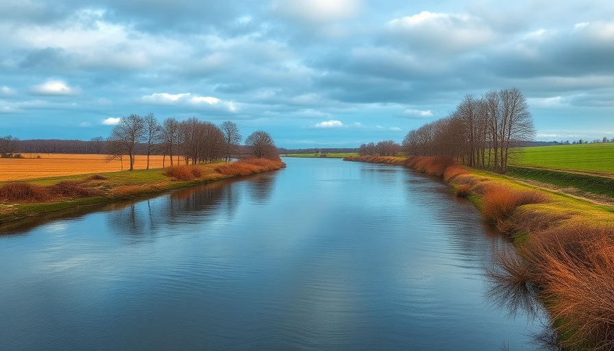 Serene river reflecting cloudy sky, surrounded by green banks.