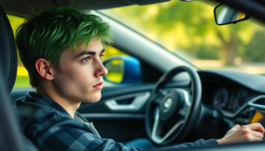 Young man driving a modern car, focused expression, U.S. Immigration Detention.