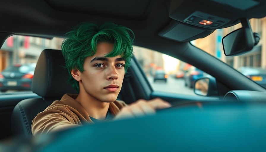 Young person driving a luxury car with city view.