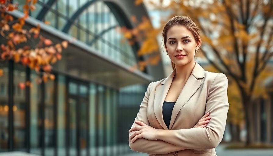 Professional woman in a blazer, standing outdoors confidently.