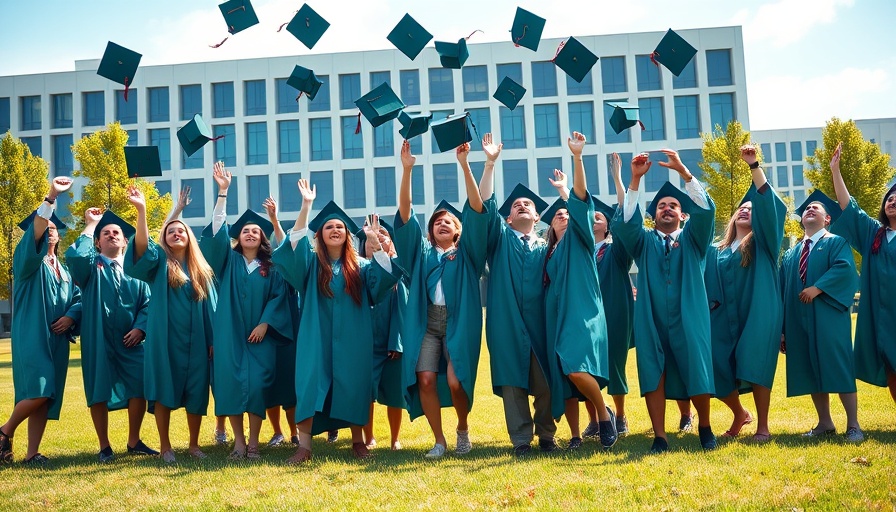 Library High School Graduation celebration, students tossing caps outdoors.