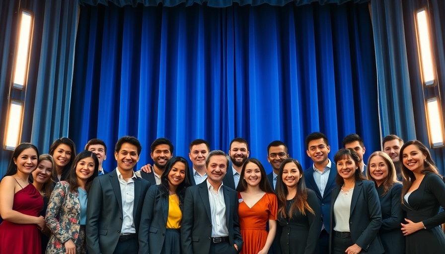 UC San Diego Triton Awards group photo on stage with blue curtains.