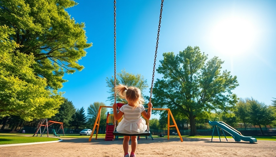 San Diego park with playground, featuring swings and a slide under a blue sky.