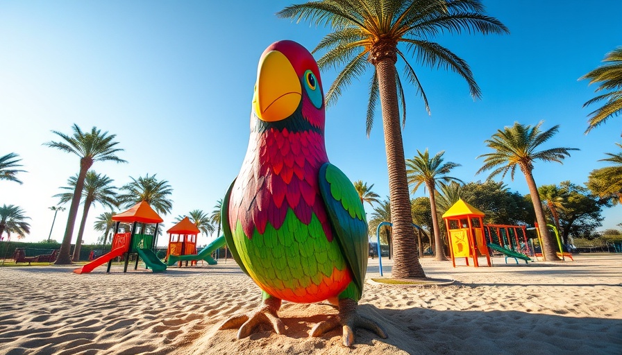 Colorful bird sculpture at Coronado Island playground with palm trees and play area.