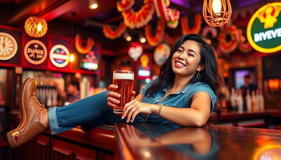 Woman enjoying beer at Mujeres Brew House San Diego in festive setting.