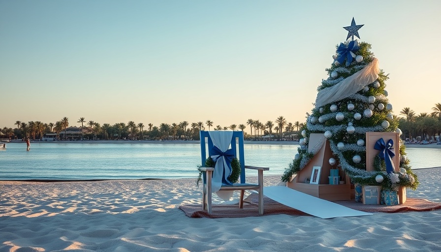 San Diego beach holiday scene with chair and Christmas tree, 2024 events.