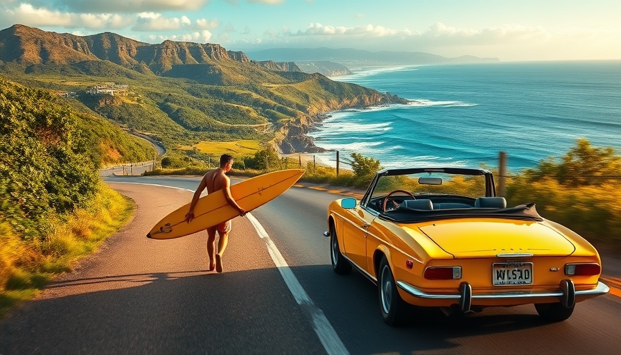 Scenic view of surfer and yellow car by the coast, San Diego