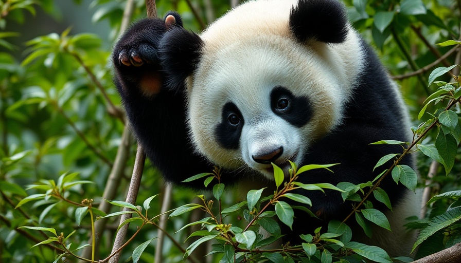 Photorealistic panda climbing a tree, fall attractions in San Diego 2024.