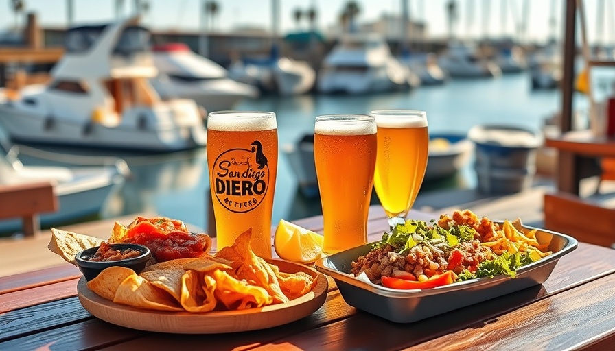 San Diego craft beer and food by the harbor, bright sunny display.