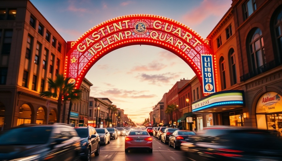 Gaslamp Quarter archway in San Diego at night with glowing lights and car trails.