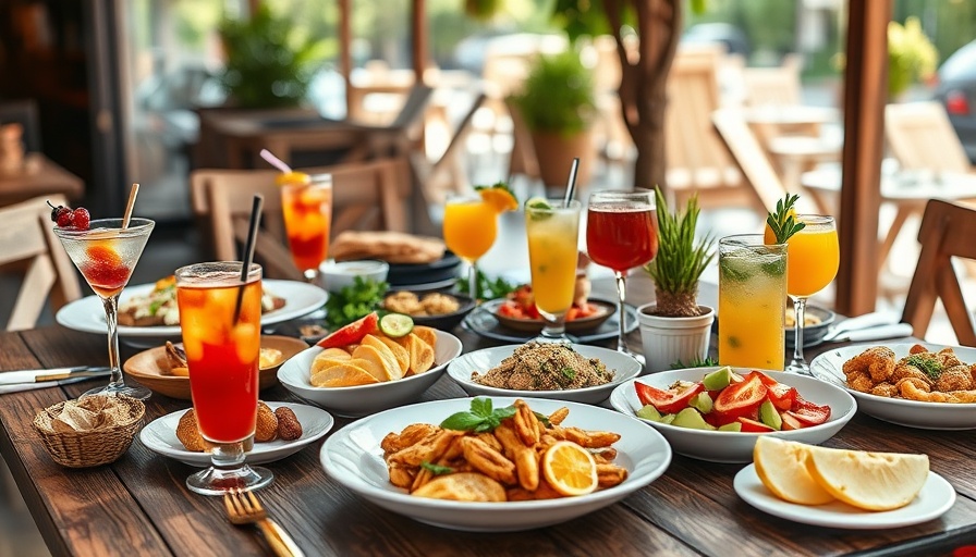 Colorful brunch with drinks and dishes on a wooden table in San Diego.