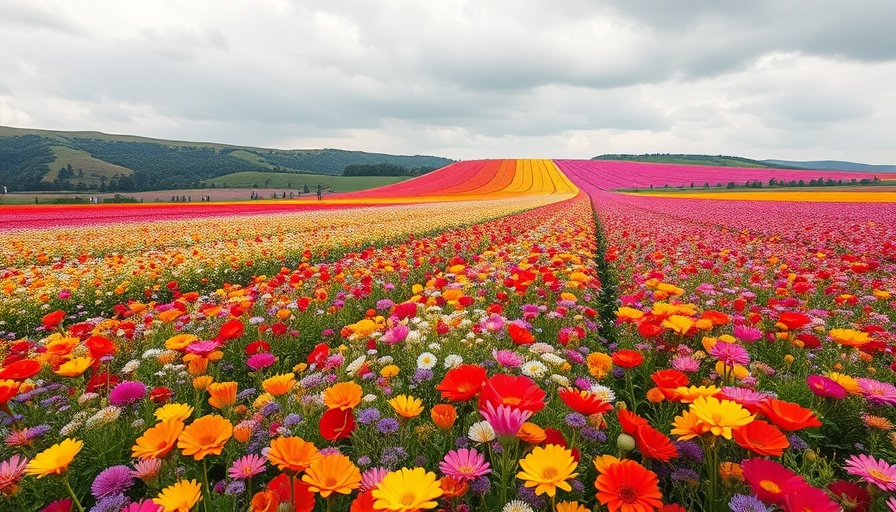 Vibrant flower fields in Carlsbad with colorful blooms against an overcast sky.