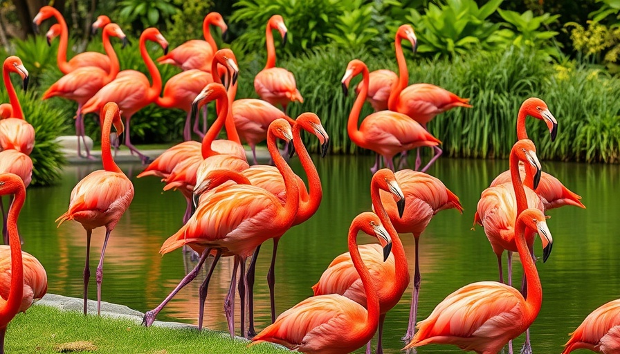 Flock of flamingos by a pond at the San Diego Zoo.