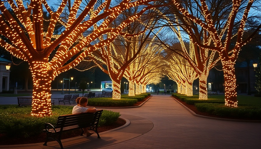 Illuminated trees at Liberty Station during the evening.