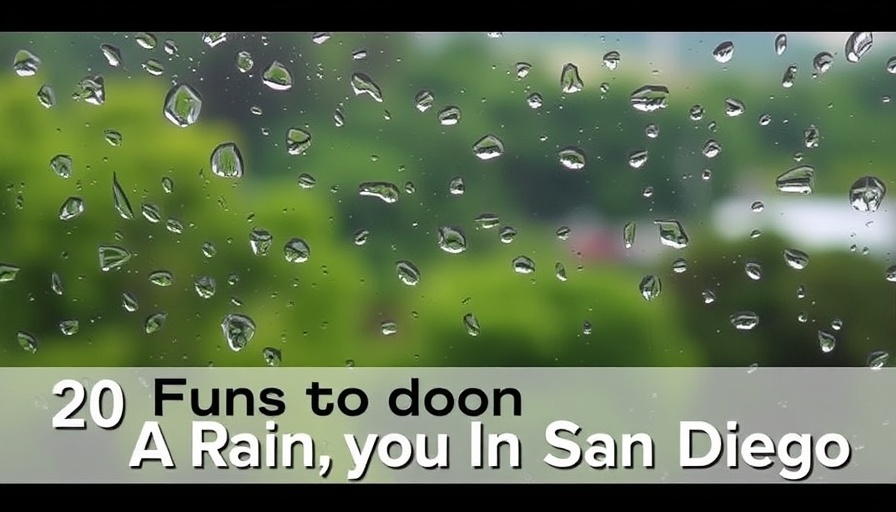 Raindrops on window with text: Fun things to do on a rainy day in San Diego.