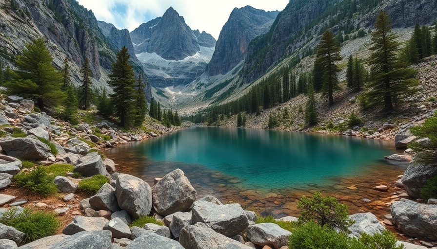 Scenic view of Rae Lakes Loop with mountains and a lake in the background.