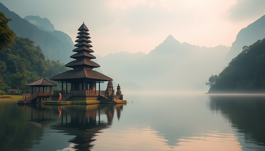 Serene Balinese temple over water with mountains, cheap things to do in Bali.