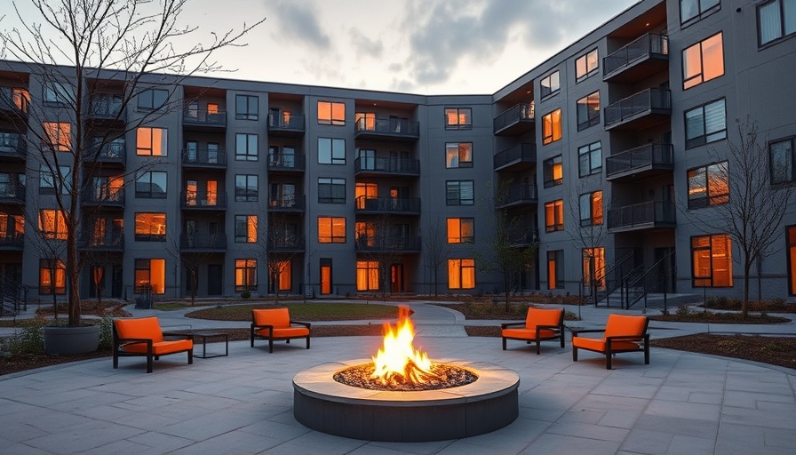 California affordable housing complex at dusk with trees.