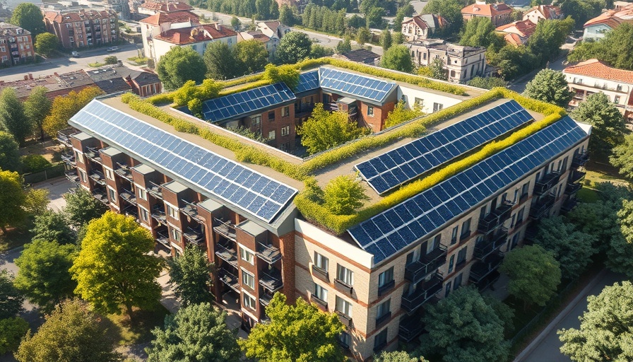 Modern sustainable multifamily housing with solar panels and green rooftops.