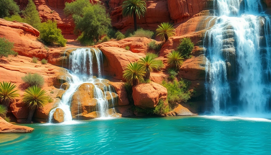 Stunning Havasupai waterfall cascading into turquoise pool, surrounded by desert oasis.