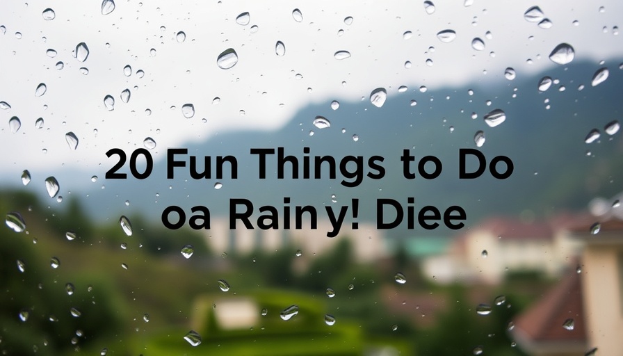 Indoor activities in San Diego rainy day text over raindrop-covered window.