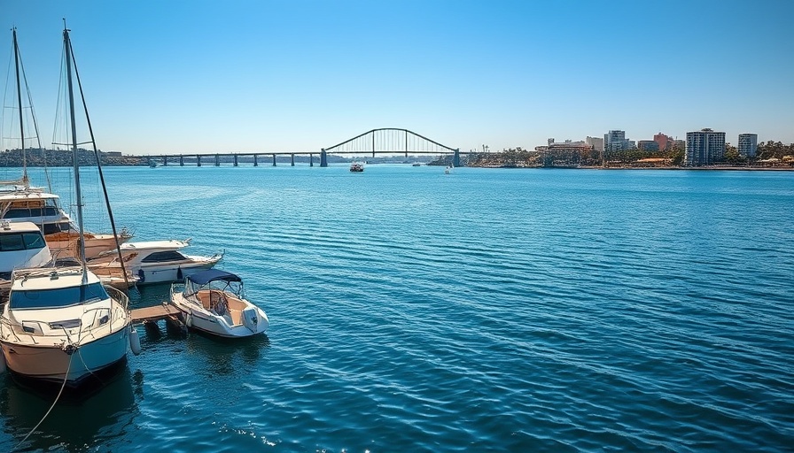 San Diego waterfront attractions with boats and bridge.