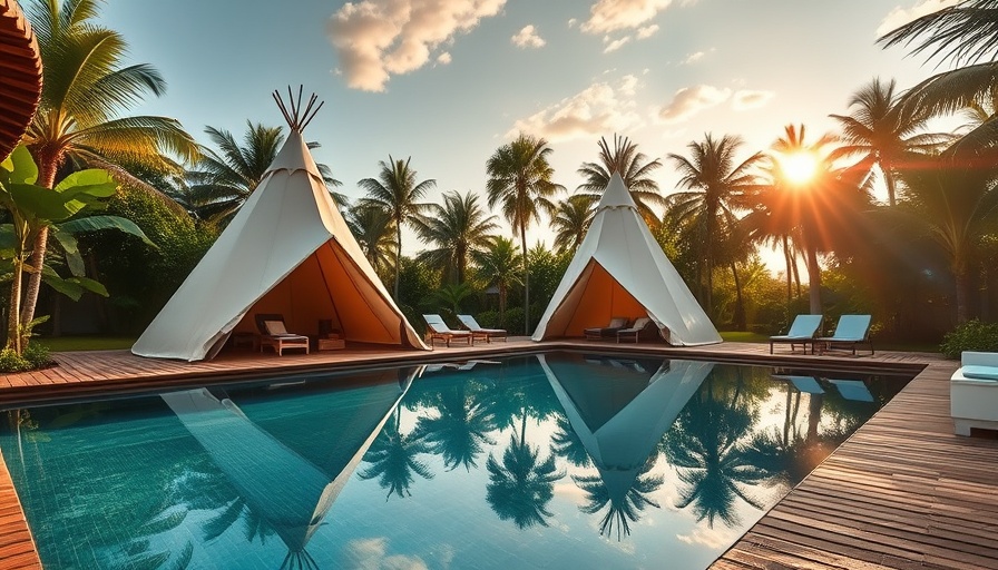 Luxurious Bali Surf Getaway with teepees by a pool, surrounded by lush greenery.