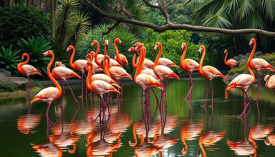 Flamingos at San Diego Zoo, standing by pond.