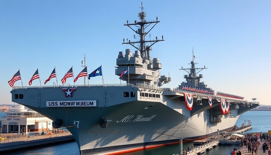 USS Midway Museum aircraft carrier with flags and banners.