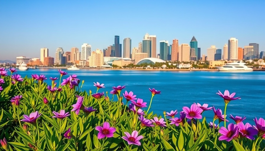 San Diego skyline with ocean and flowers; ideal for May events backdrop.