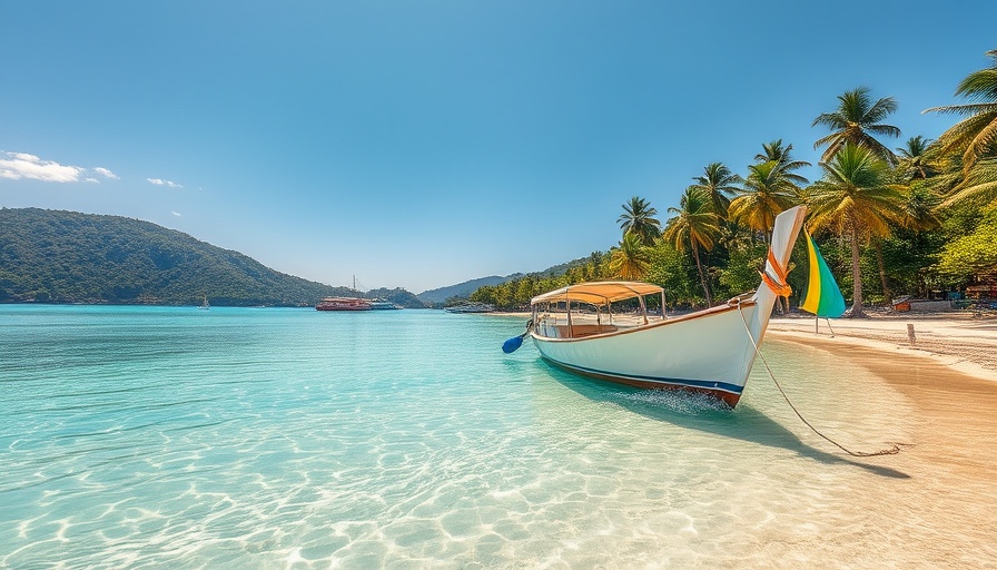 Tropical beach scene with a boat in Puerto Vallarta, greenery, sunny day.