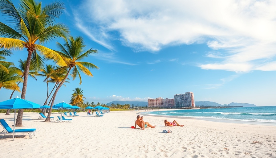 Tranquil beach at Bahia Resort Hotel with umbrellas and family