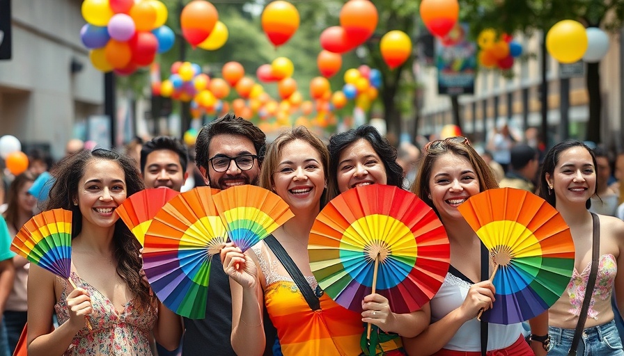 LACDMH Pride Month Celebration group gathering with rainbow fans and decorations.