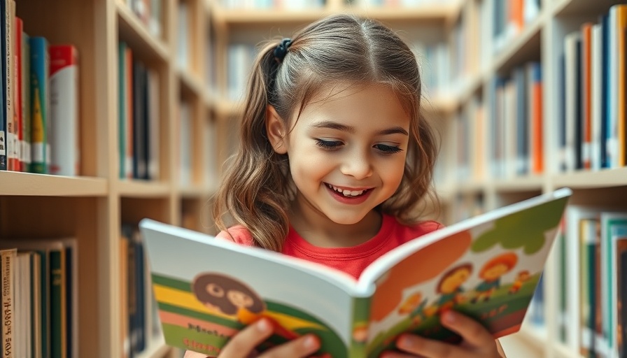 Girl enjoying reading in library for Books in Motion literacy program Kern County.