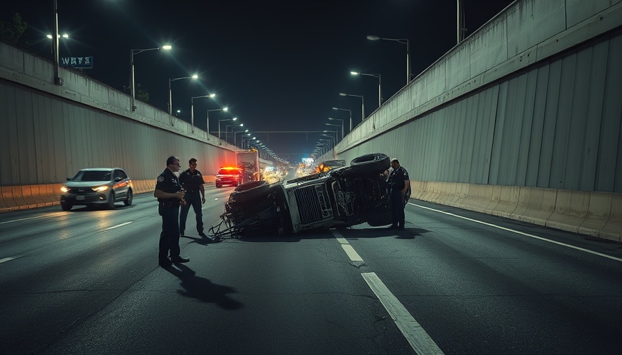 Freeway crash scene with police officers investigating.