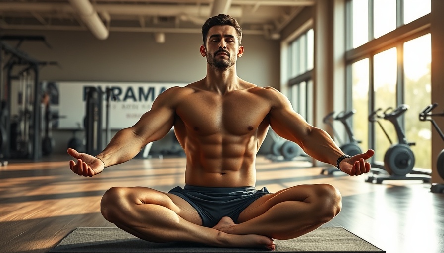 Muscular man meditating in gym, wellness and fitness.